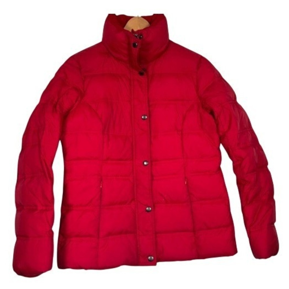 Lands End Women Red Down Puffer Jacket Stand Collar Full Zip Size S 6-8